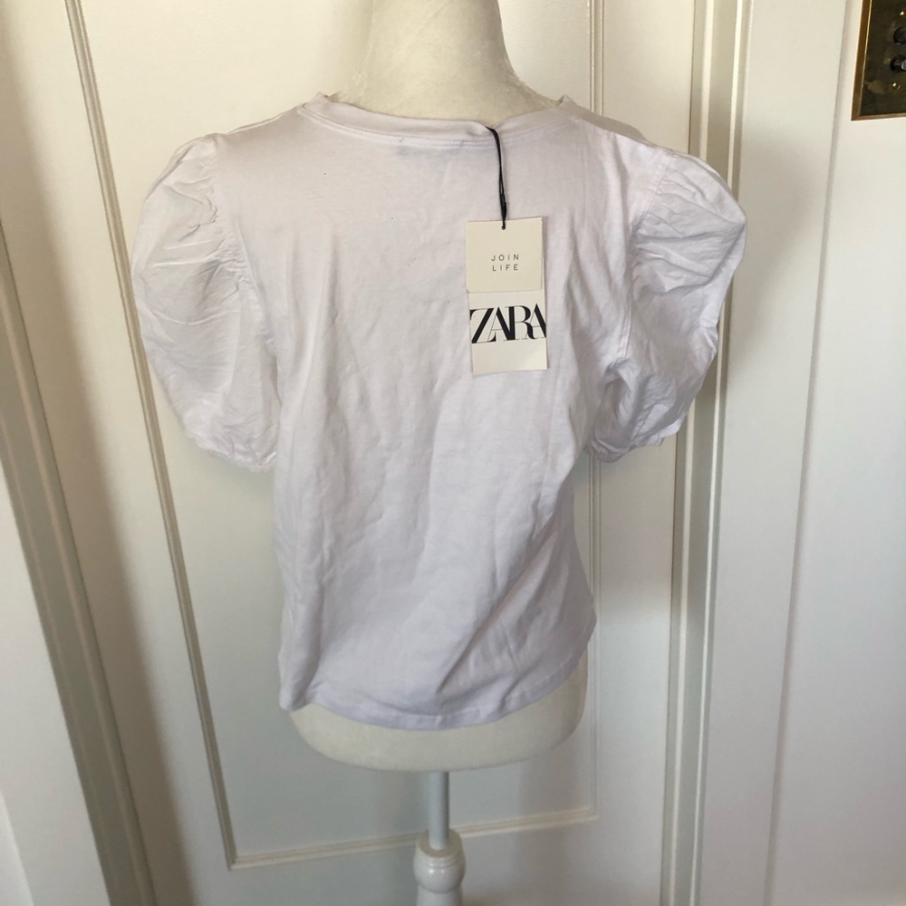 NWT Zara Mixed Poplin White Tee With Puffed Sleeves Sz M #0239 - Picture 4 of 6